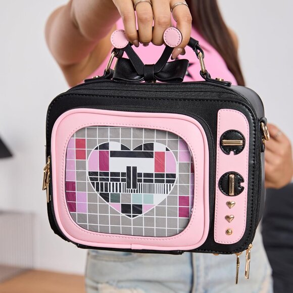 Retro TV Shaped Ita Backpack with Pin Display and Inserts Pink Crossbody Purse - Picture 2 of 9